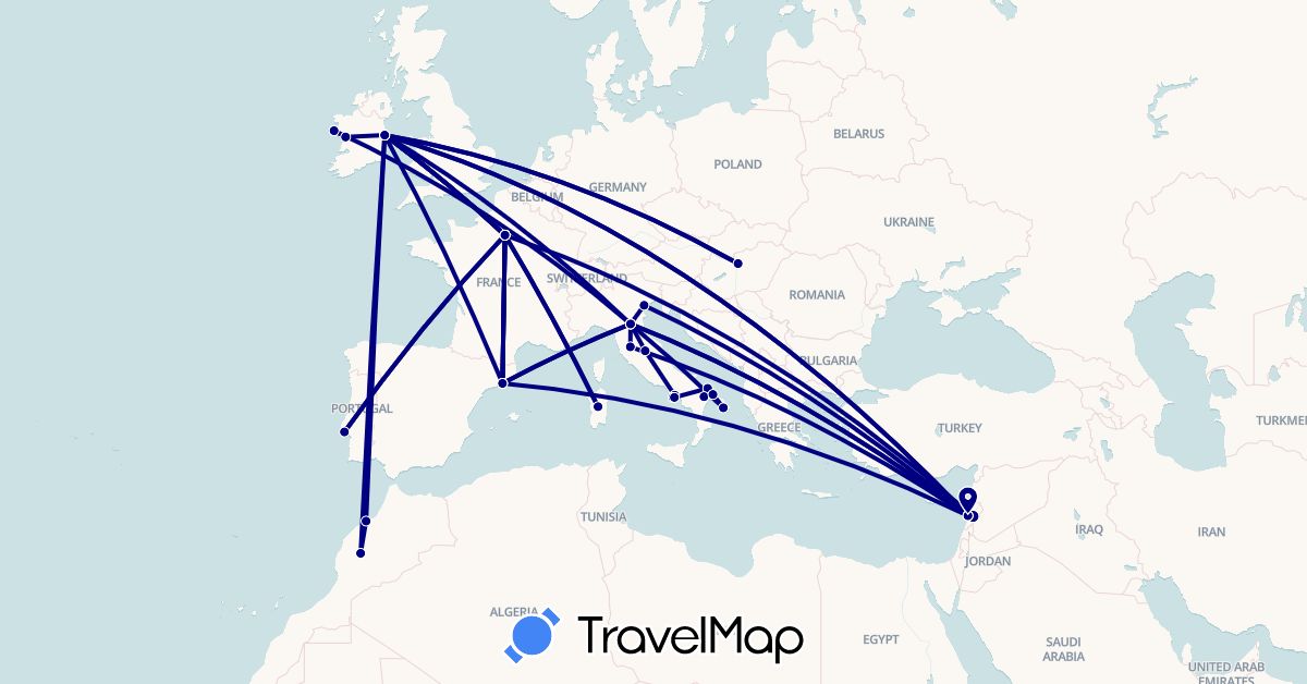 TravelMap itinerary: driving in Spain, France, Hungary, Ireland, Italy, Lebanon, Morocco, Portugal (Africa, Asia, Europe)