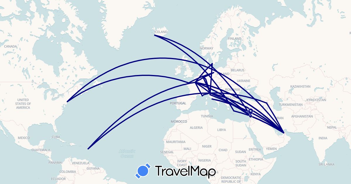 TravelMap itinerary: driving in United Arab Emirates, Armenia, Germany, Denmark, France, Guadeloupe, Greece, Iceland, Italy, Lebanon, Monaco, United States (Asia, Europe, North America)