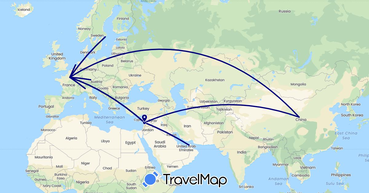 TravelMap itinerary: driving in United Arab Emirates, China, Germany, France, Italy, Lebanon, Netherlands, Sweden (Asia, Europe)