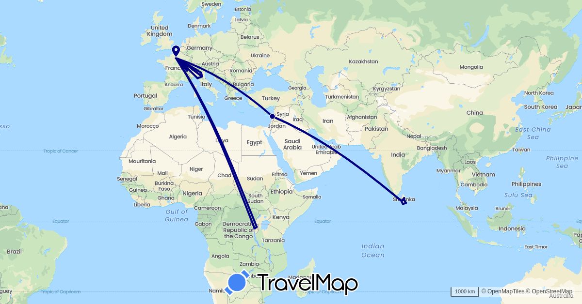 TravelMap itinerary: driving in Switzerland, France, Italy, Lebanon, Sri Lanka, Rwanda (Africa, Asia, Europe)